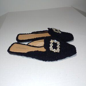 Unilady Faux Fur Flat Mules With Rhinestone Buckle Size 6.5 Black